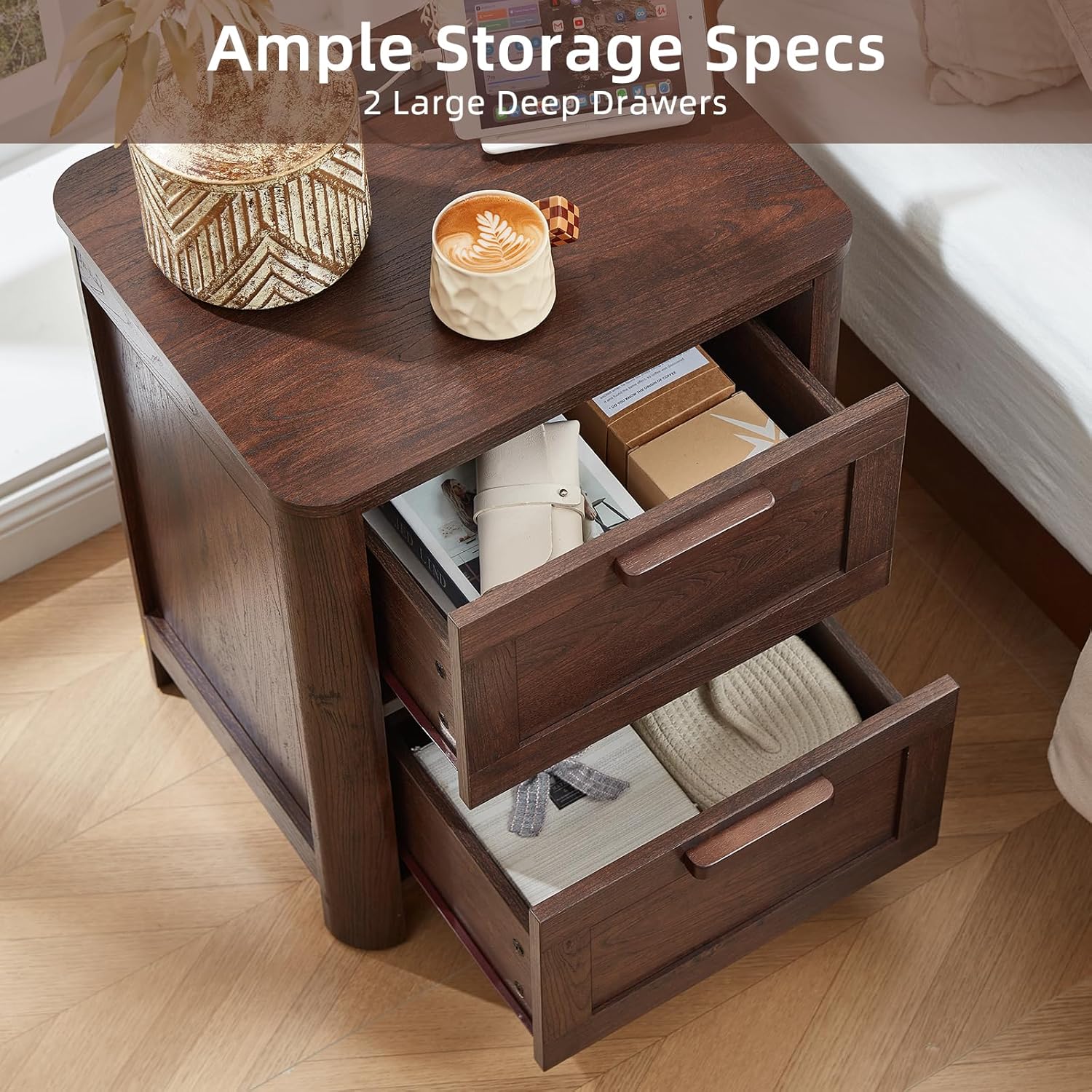 Walnut nightstand with two open drawers showing inner storage compartments