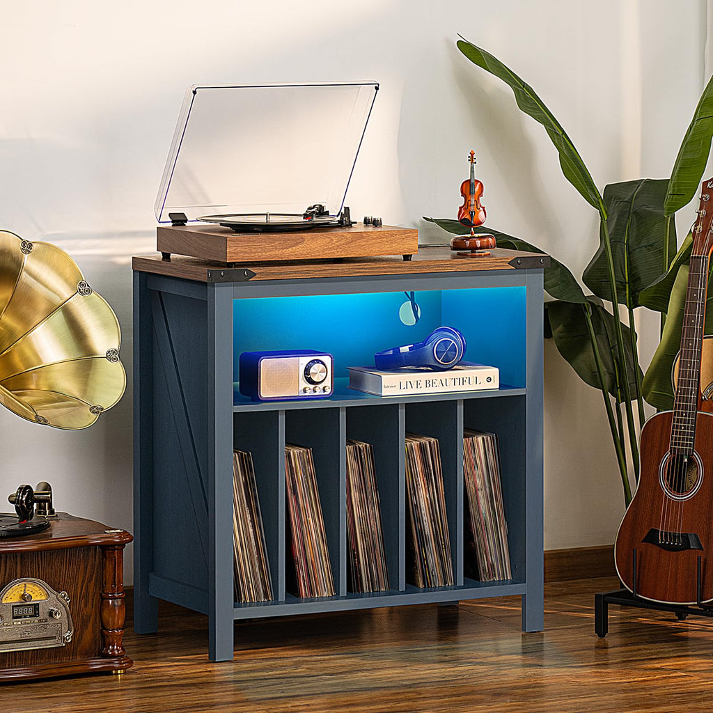 Brown record player stand with open cabinet shelves and blue LED lighting