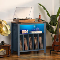 Dark blue record player stand with blue LED shelf and vinyl record storage cubbies