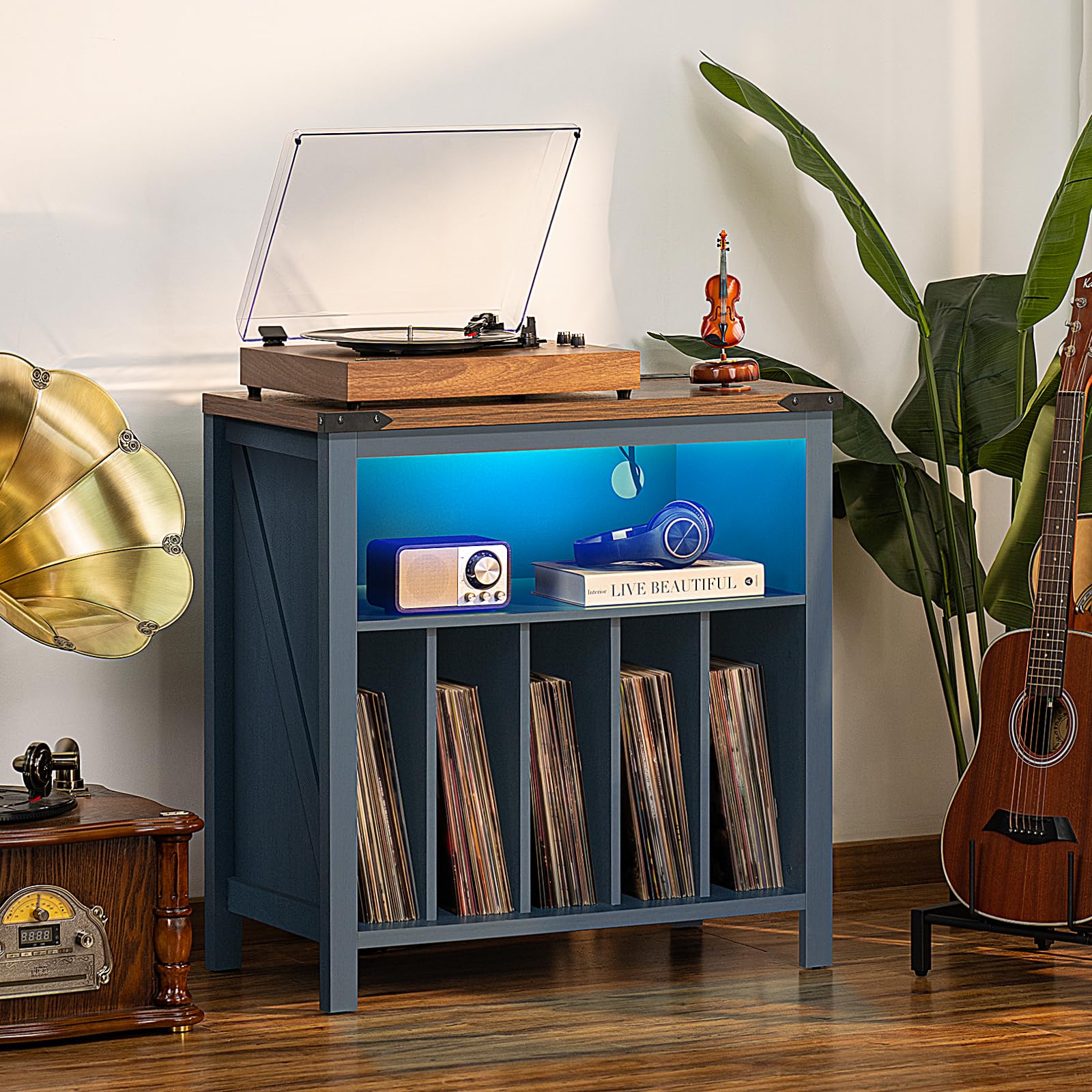 Brown record player stand with open cabinet shelves and blue LED lighting