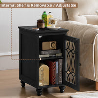 Black wood bedside cabinet with glass door and interior shelf storage, small side table