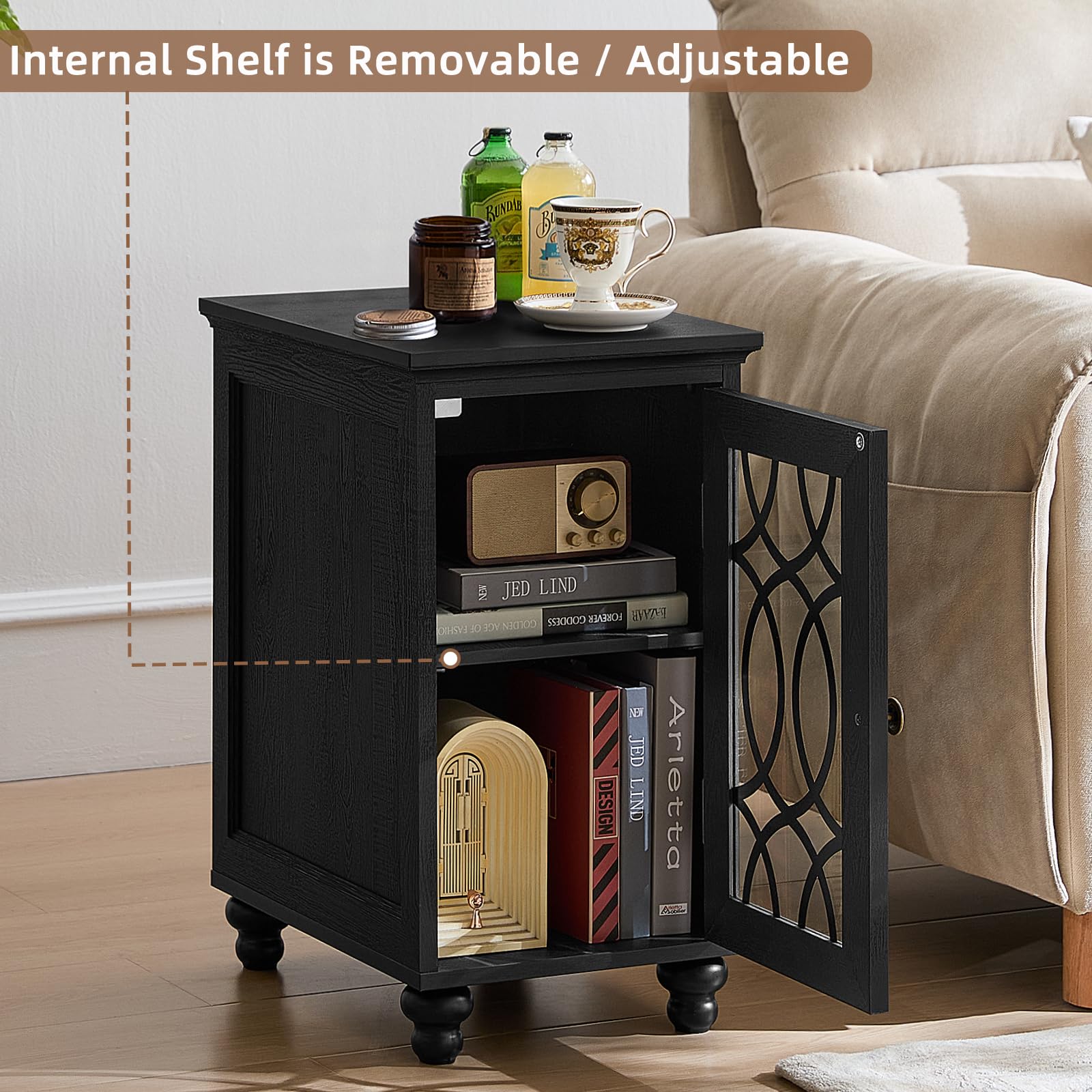 Black wood bedside cabinet with glass door and interior shelf storage, small side table