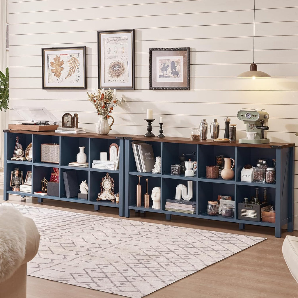 Navy blue 8-cube console bookcase with open cubbies and dark wood top