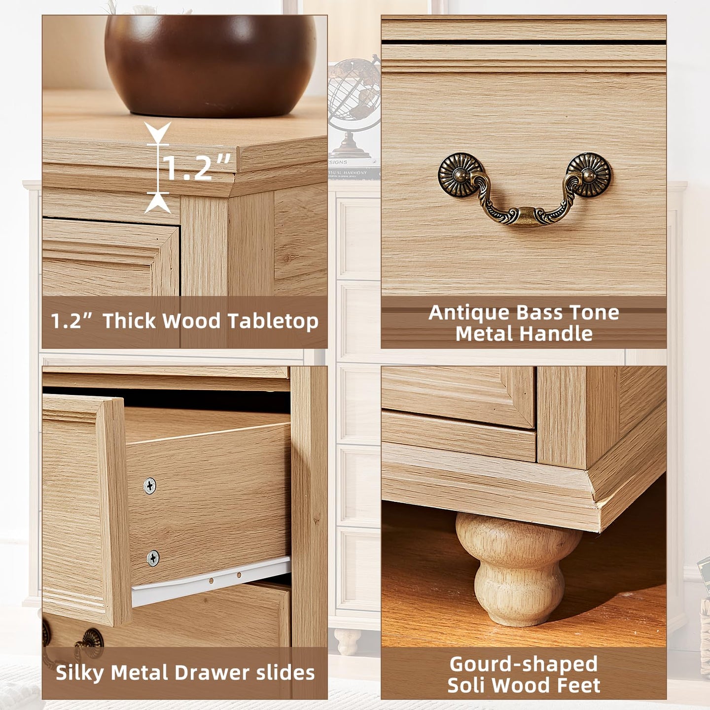 Light wood dresser detail: antique-style metal drawer handles and gourd-shaped feet