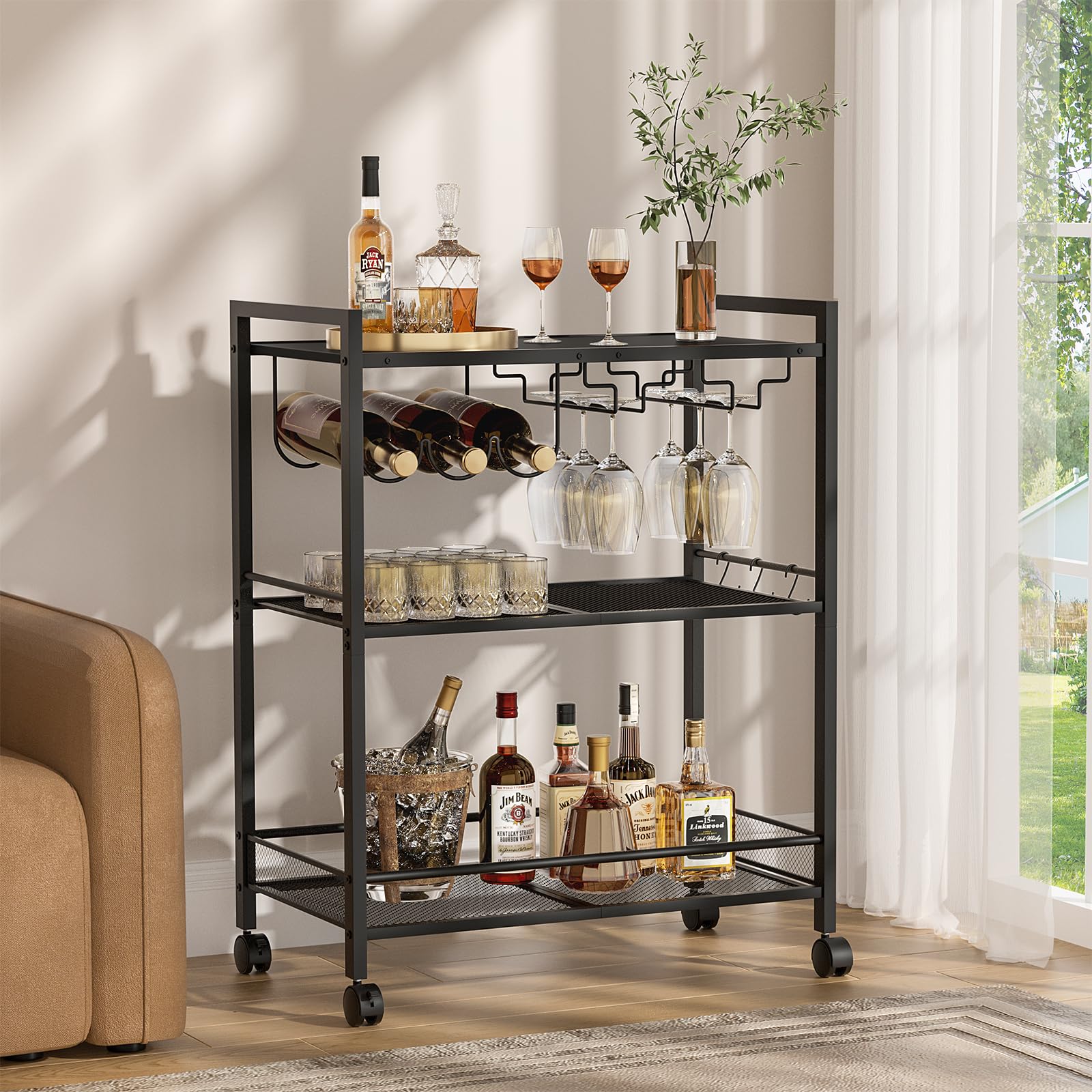 Black bar cart with wine bottle holder, glass racks, and three-tier shelf storage