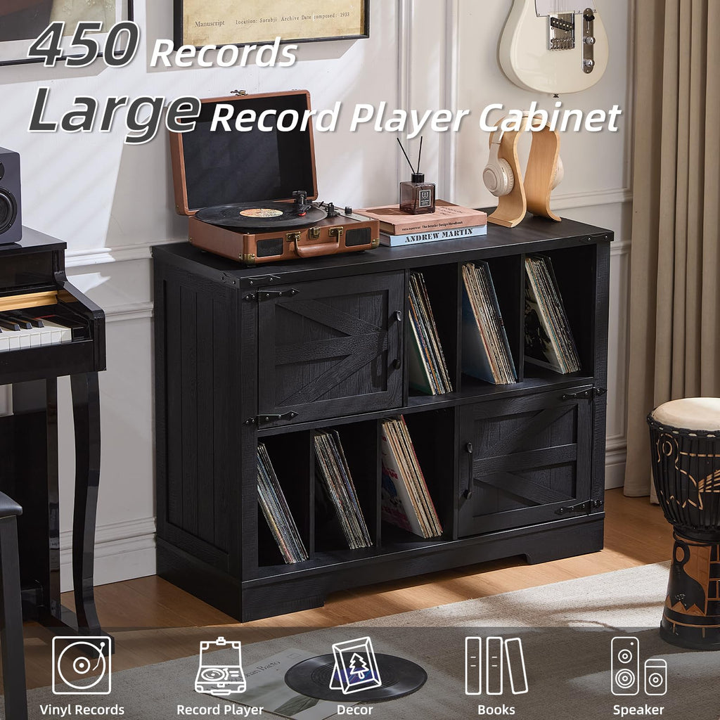 Large record player cabinet with barn doors and open vinyl storage, black wood