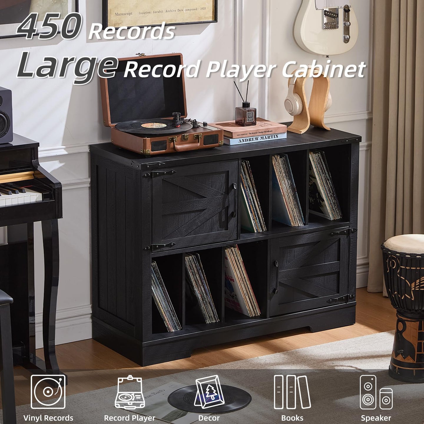 Record player cabinet with barn-style doors and vinyl storage, dark finish