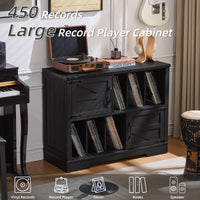 Record player cabinet with barn-style doors and vinyl storage, dark finish