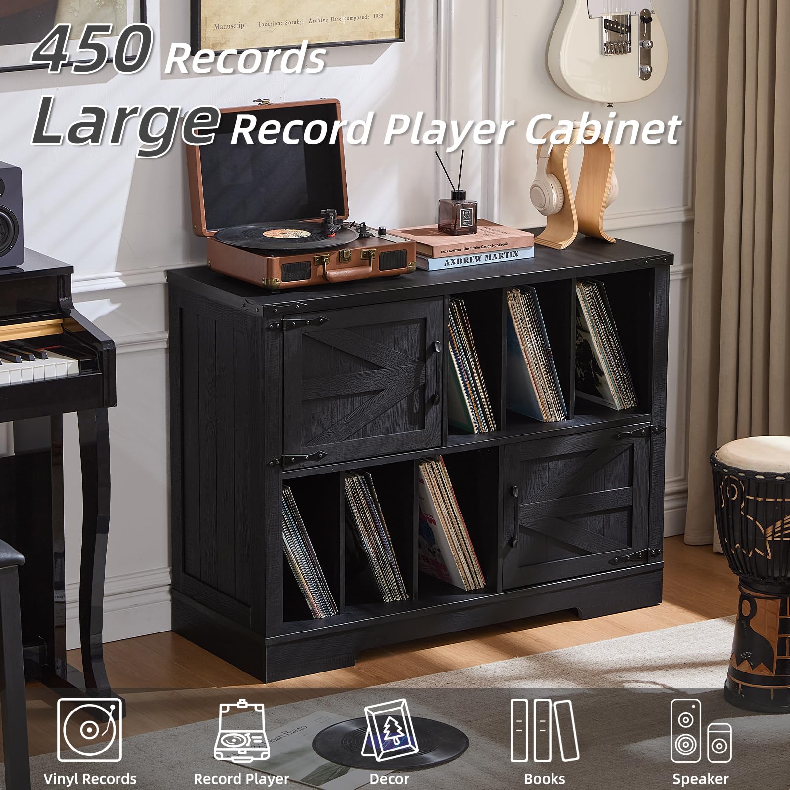 Large record player cabinet with barn doors and open vinyl storage, black wood