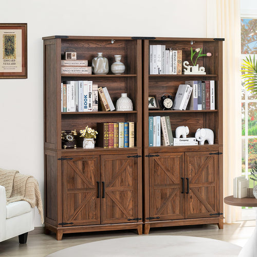 Dark brown wood bookcase cabinet with open shelves and barn-style double doors