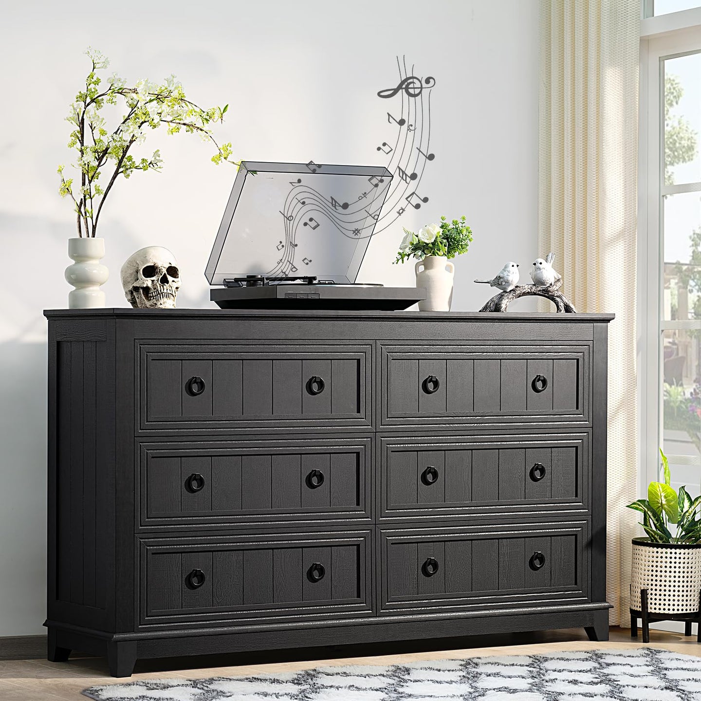 Dark wood dresser with 6 drawers and black round knob handles