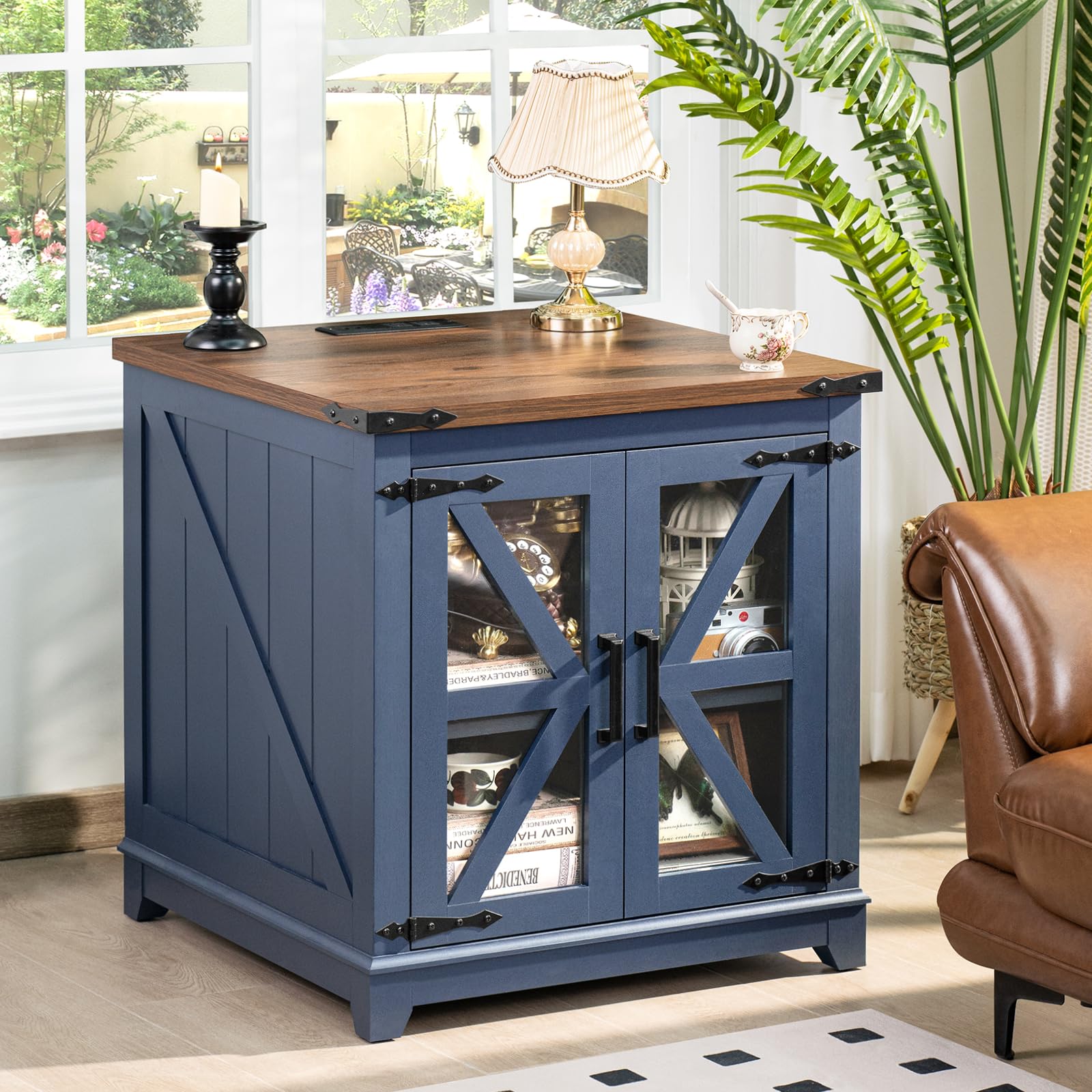 Farmhouse end table with blue cabinet, open glass doors, wood top, side handles