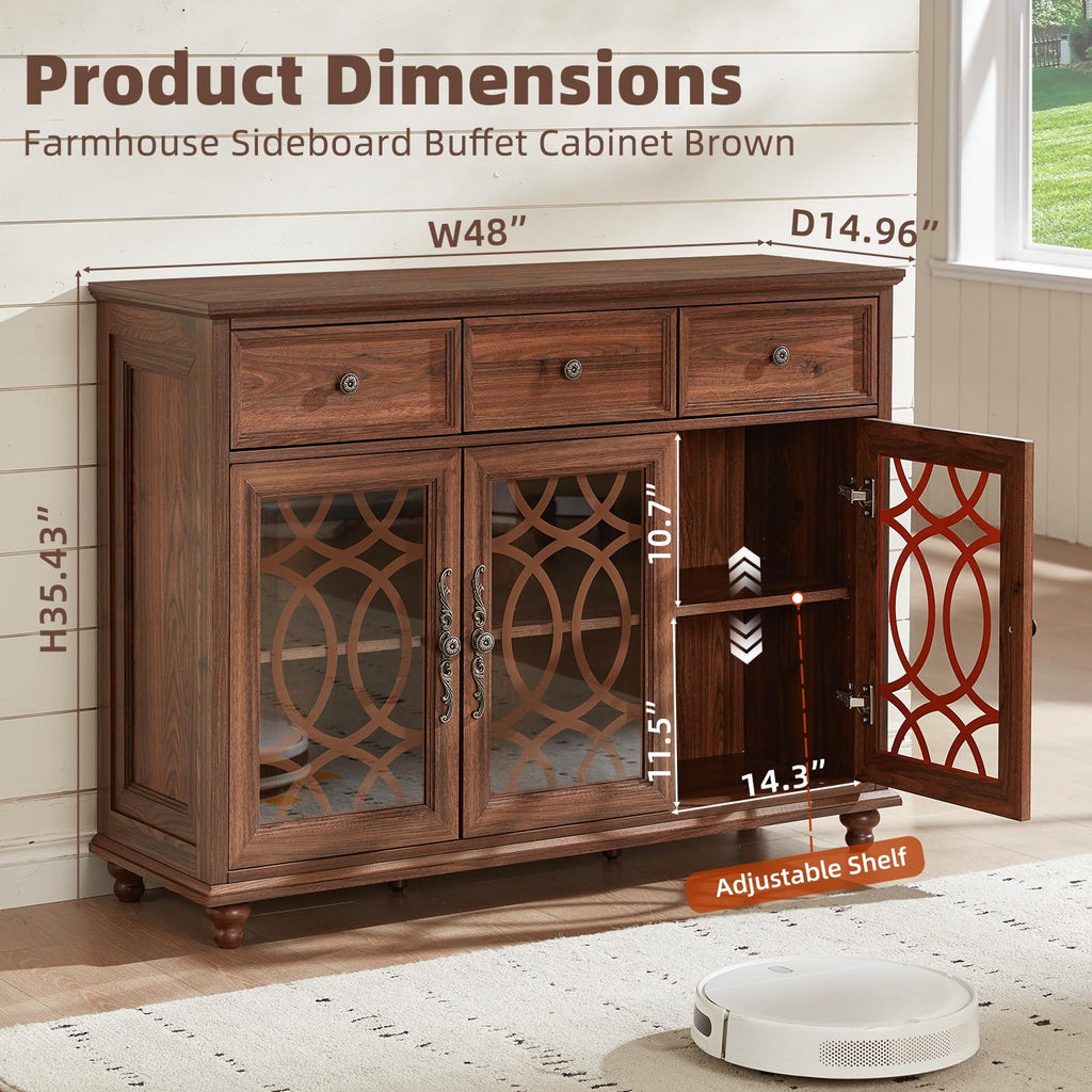 Brown farmhouse sideboard buffet cabinet with two drawers and two glass doors