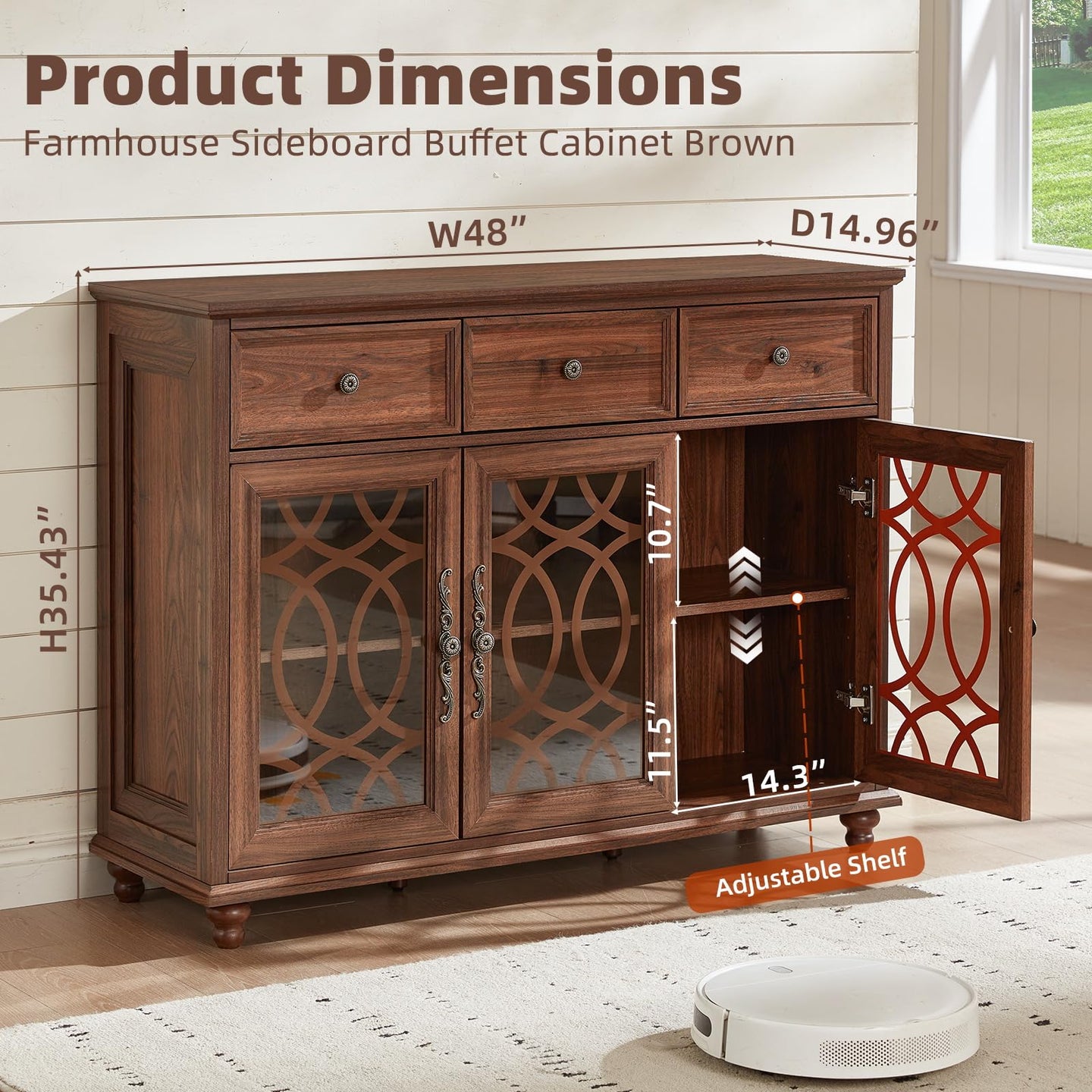 Farmhouse sideboard buffet cabinet in dark brown wood with adjustable shelf and glass doors