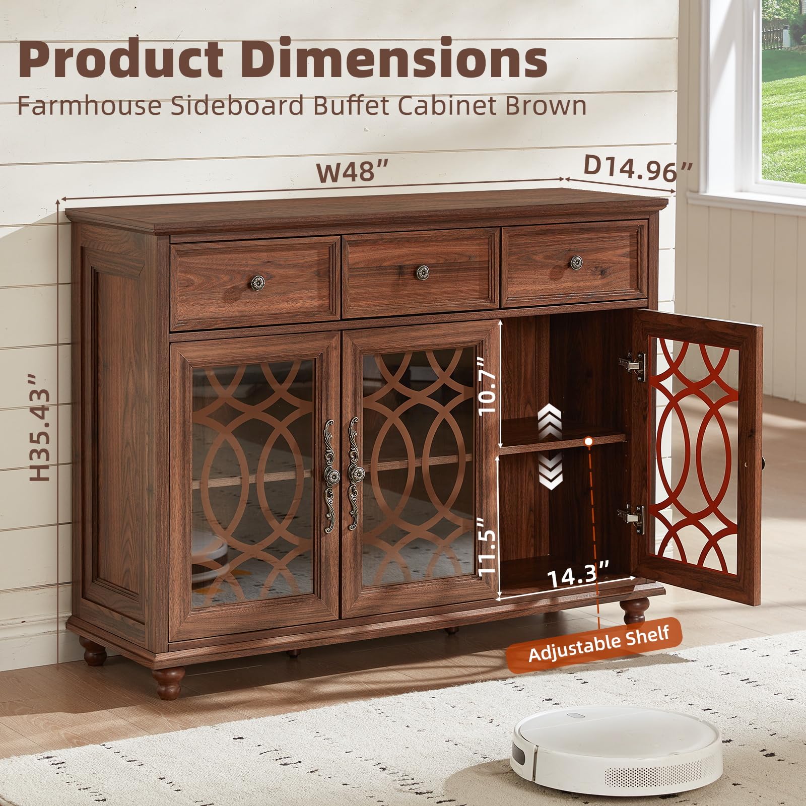 Brown farmhouse sideboard buffet cabinet with two drawers and two glass doors