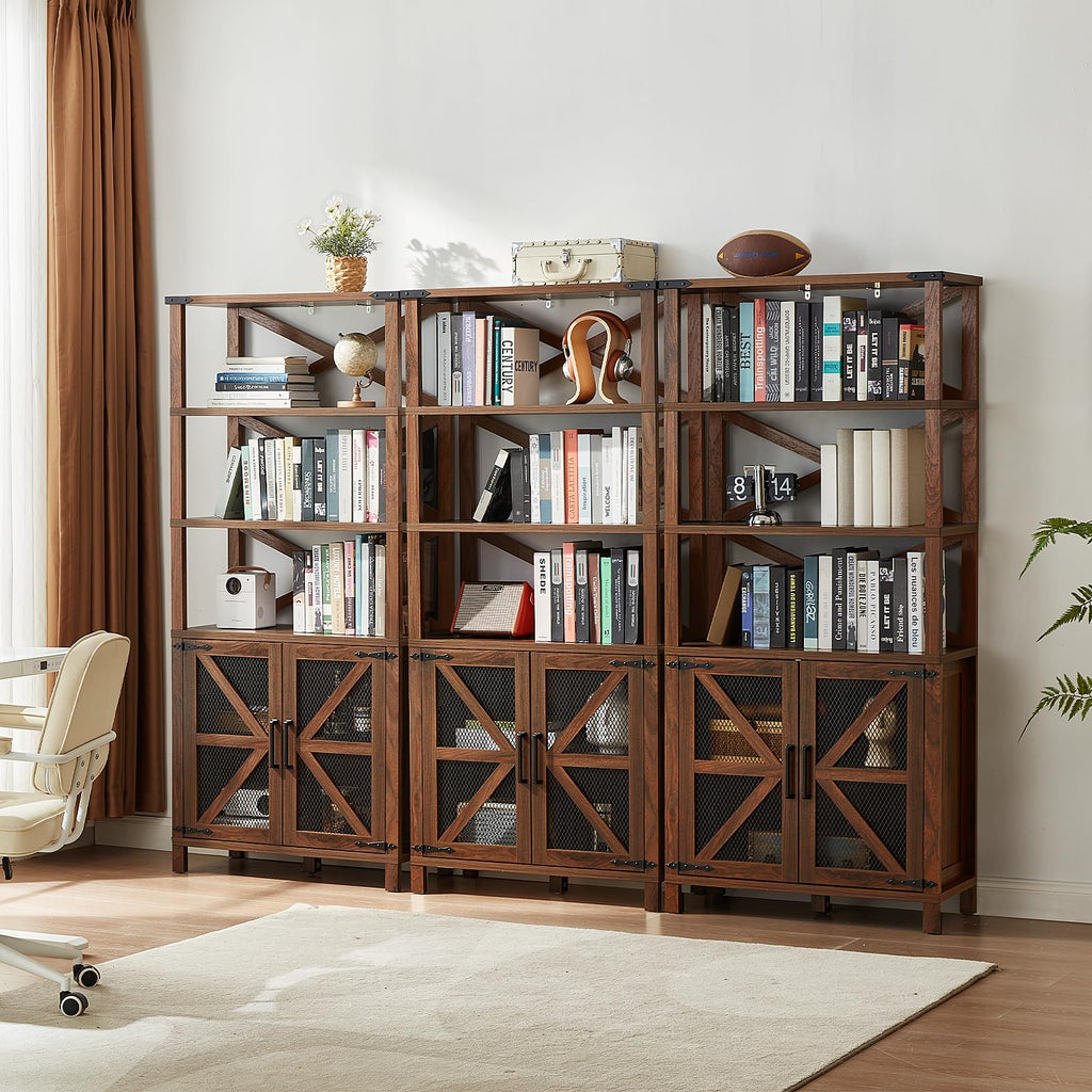 Brown farmhouse 7-tier bookcase with cabinet doors, mesh panels, and adjustable shelves