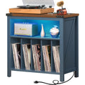 Dark blue record player stand with open vinyl record shelves and LED lighting