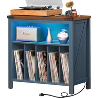 Dark blue record player stand with open vinyl record shelves and LED lighting