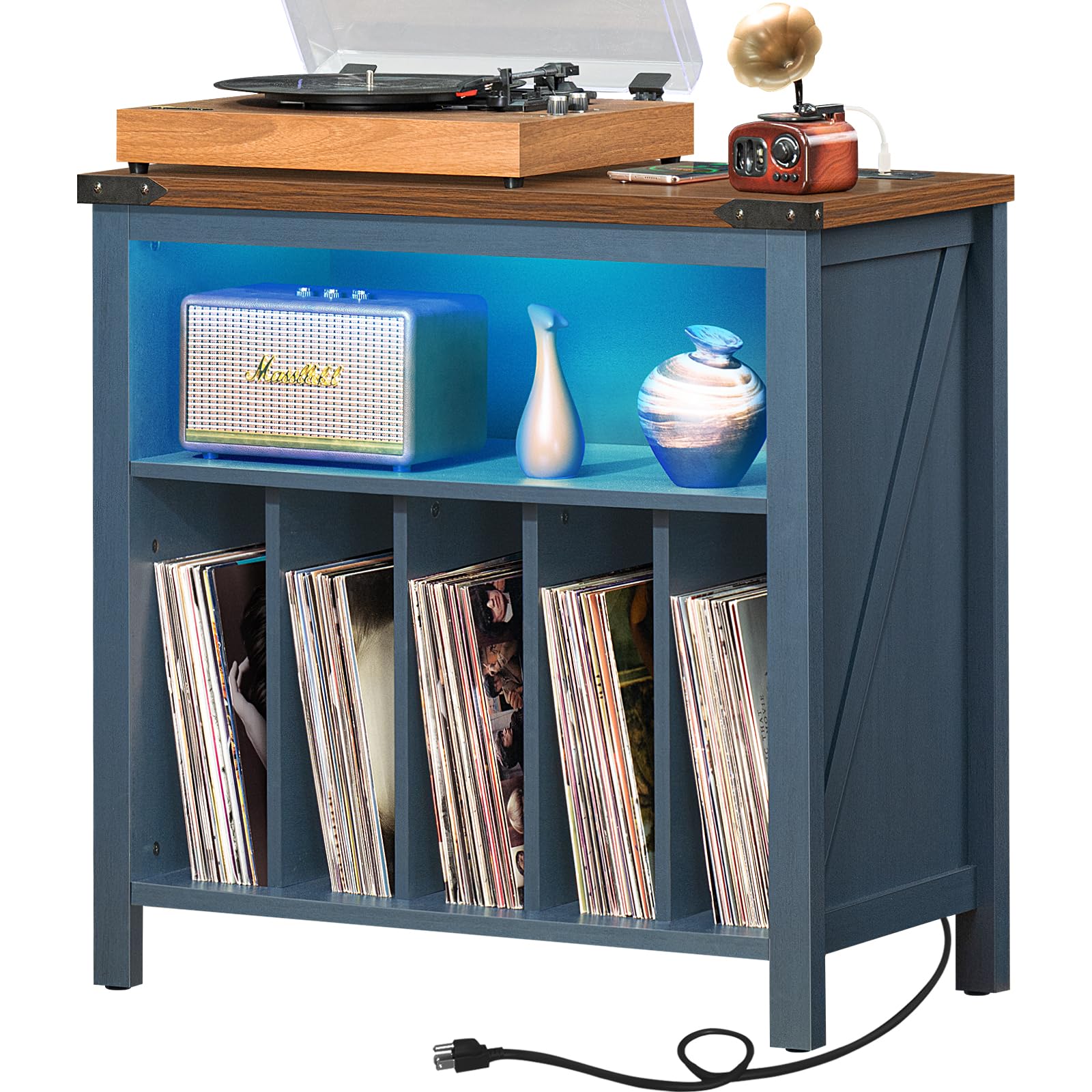 Blue-gray record player cabinet with open shelves for vinyl records and lit top cubby.