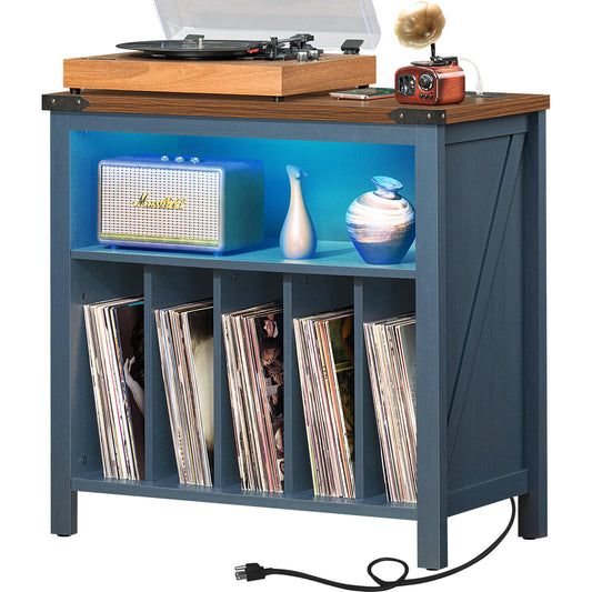 Dark blue record player stand with open vinyl record shelves and LED lighting