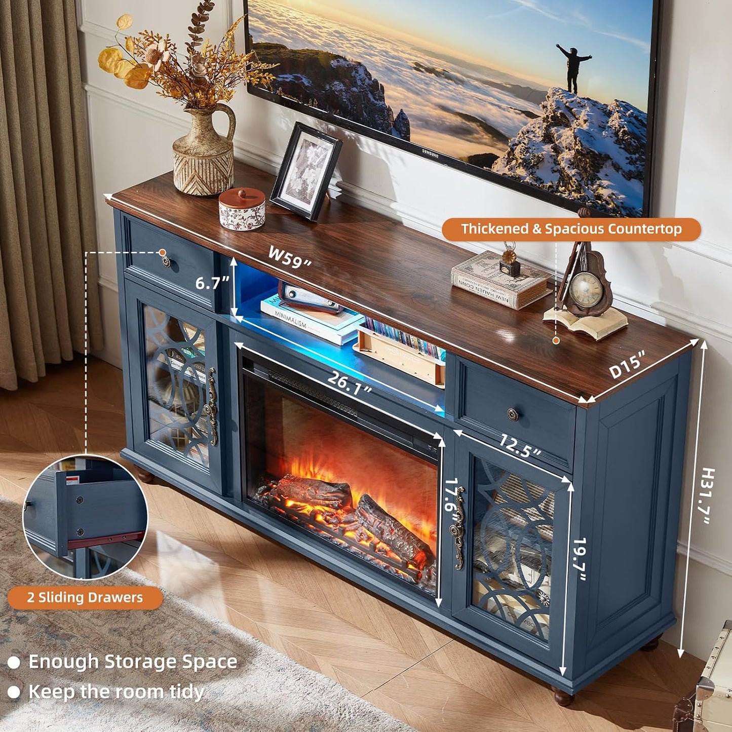 Joaxswe Farmhouse Fireplace TV Stand Sets 3,Side Table with Charger Station | 59" Fire Place TV Stands for Living Room, Entertainment Center Heater for TVs up to 65" with Open Shelves and Drawers, Blue
