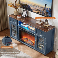 Joaxswe Farmhouse Fireplace TV Stand Sets 3,Side Table with Charger Station | 59" Fire Place TV Stands for Living Room, Entertainment Center Heater for TVs up to 65" with Open Shelves and Drawers, Blue