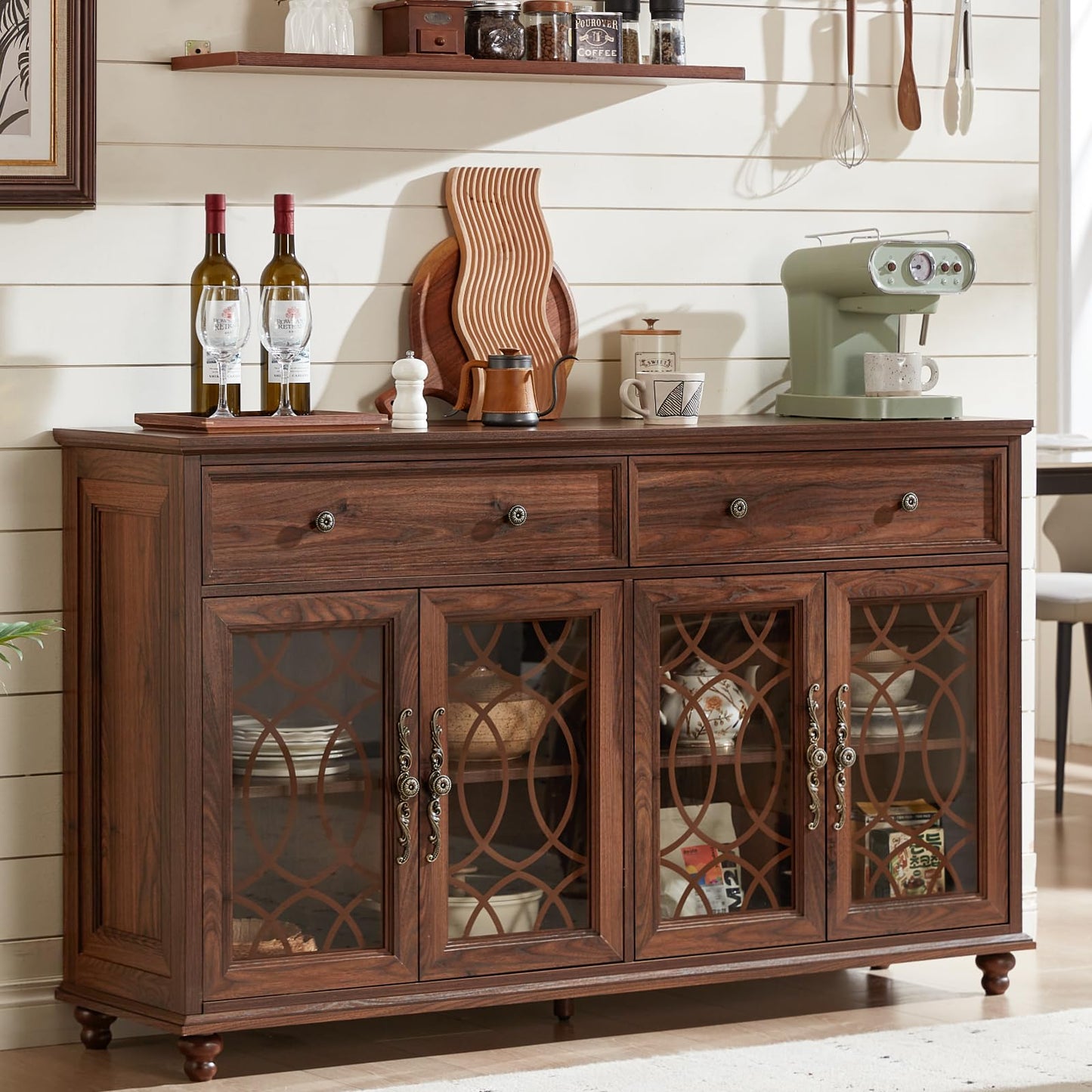 Brown wood sideboard buffet cabinet with four glass doors and metal bar pulls