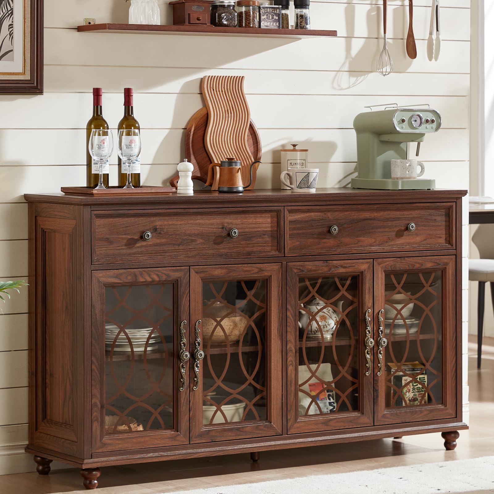 Dark wood sideboard buffet with two drawers and four glass-panel door cabinets