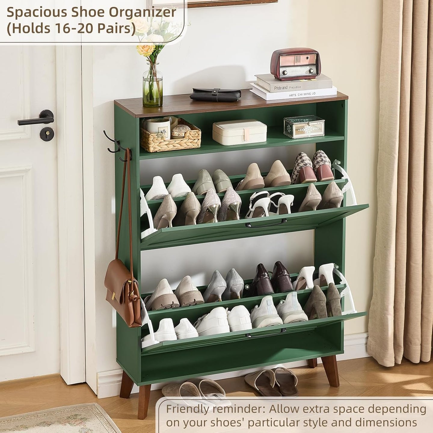 Green shoe organizer cabinet with open shelves and flip-drawer cabinet front