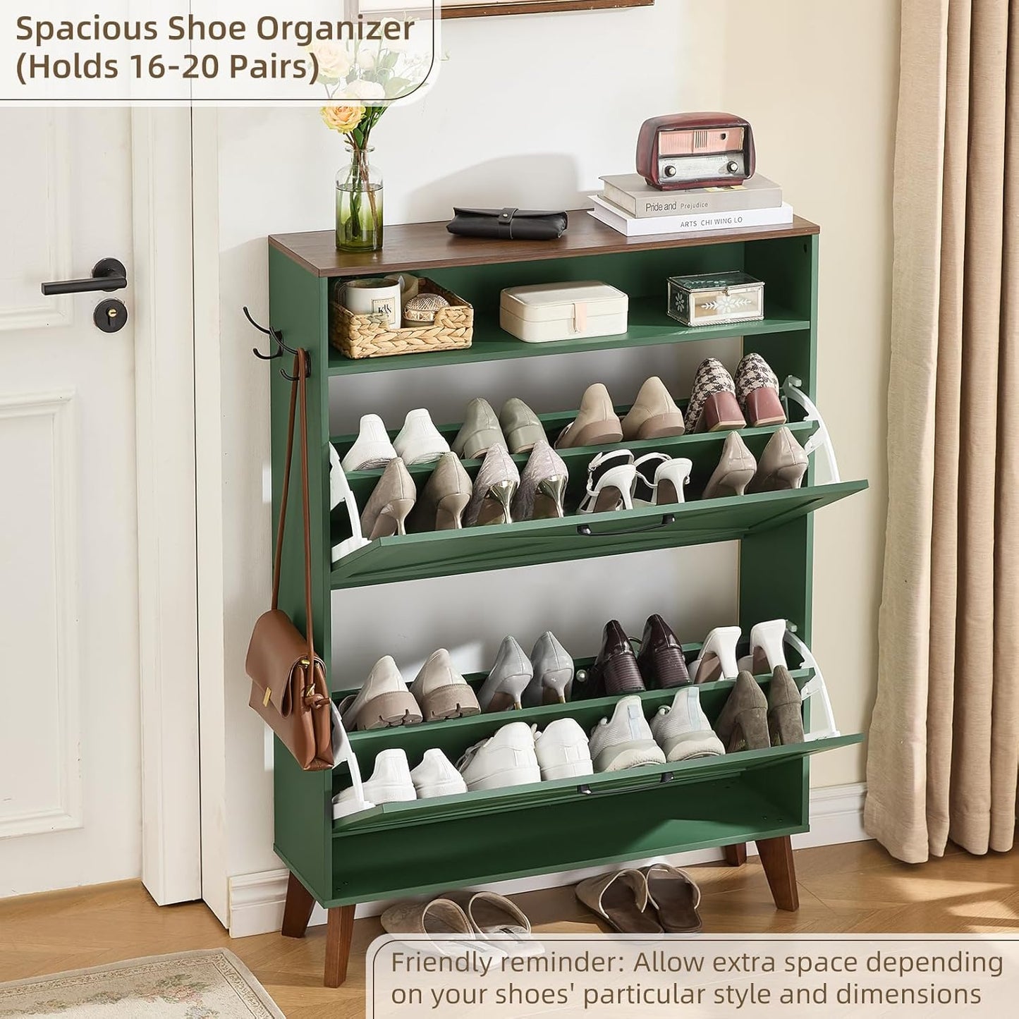 Green shoe organizer cabinet with open shelves and flip-drawer cabinet front