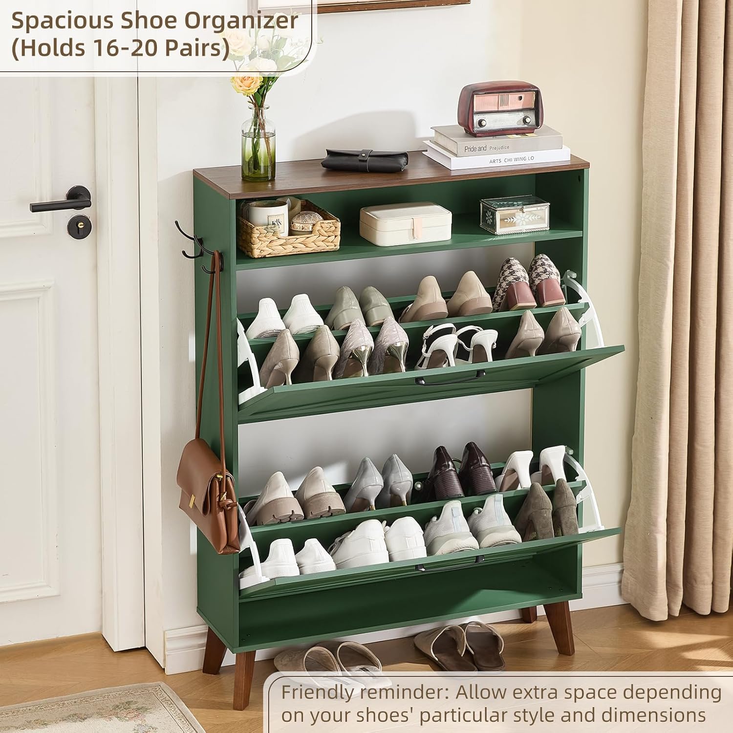 Green shoe organizer cabinet with open shelves and flip-drawer cabinet front