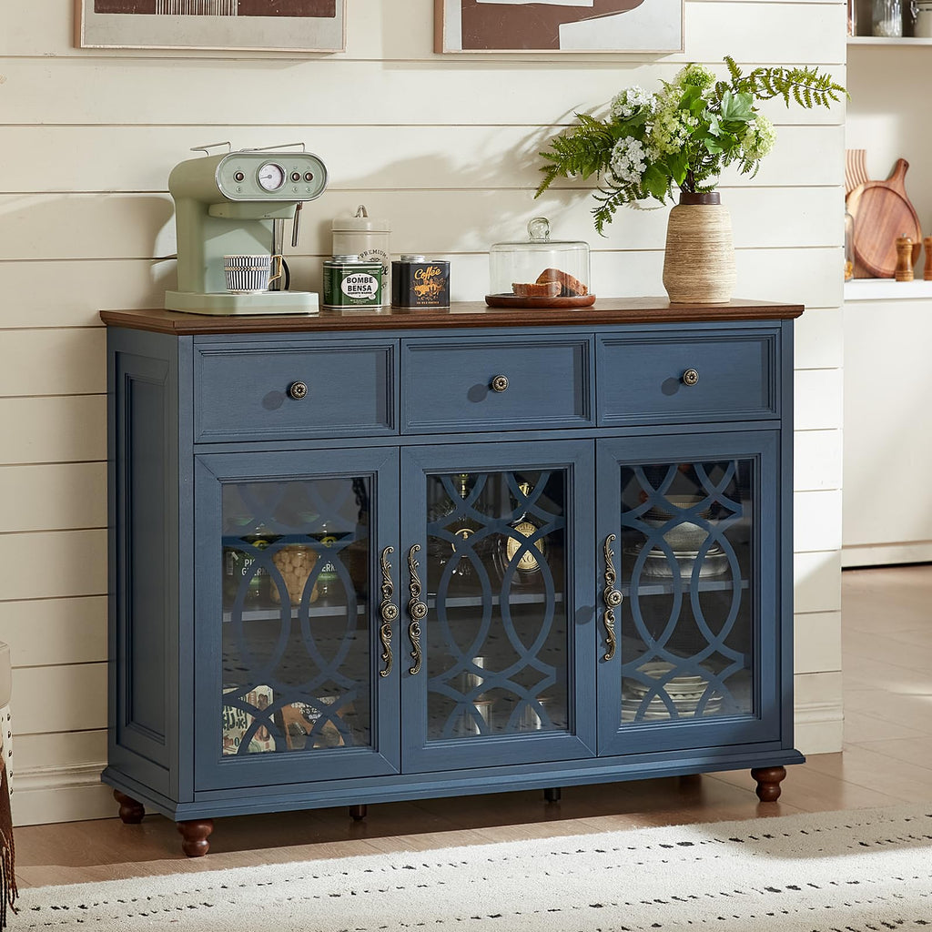 Blue farmhouse sideboard cabinet with three glass cabinet doors and two drawers