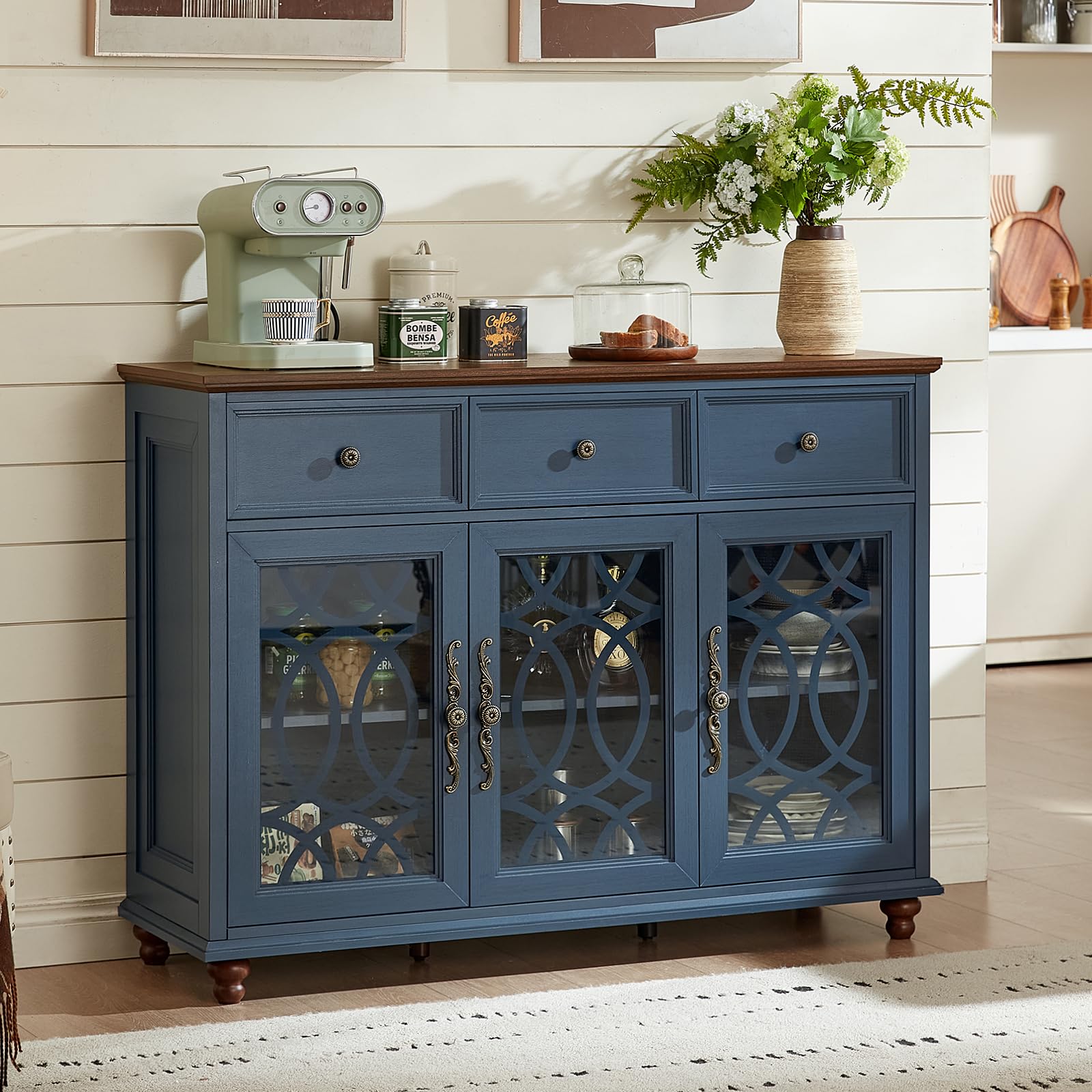 Blue farmhouse sideboard cabinet with three glass cabinet doors and two drawers