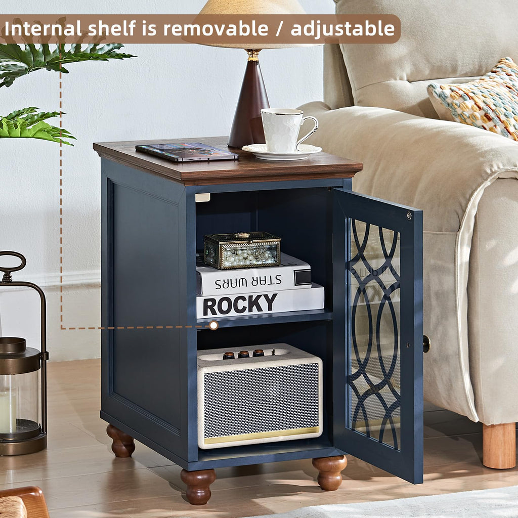 Narrow side table with glass-pane door, open cabinet with adjustable shelf.