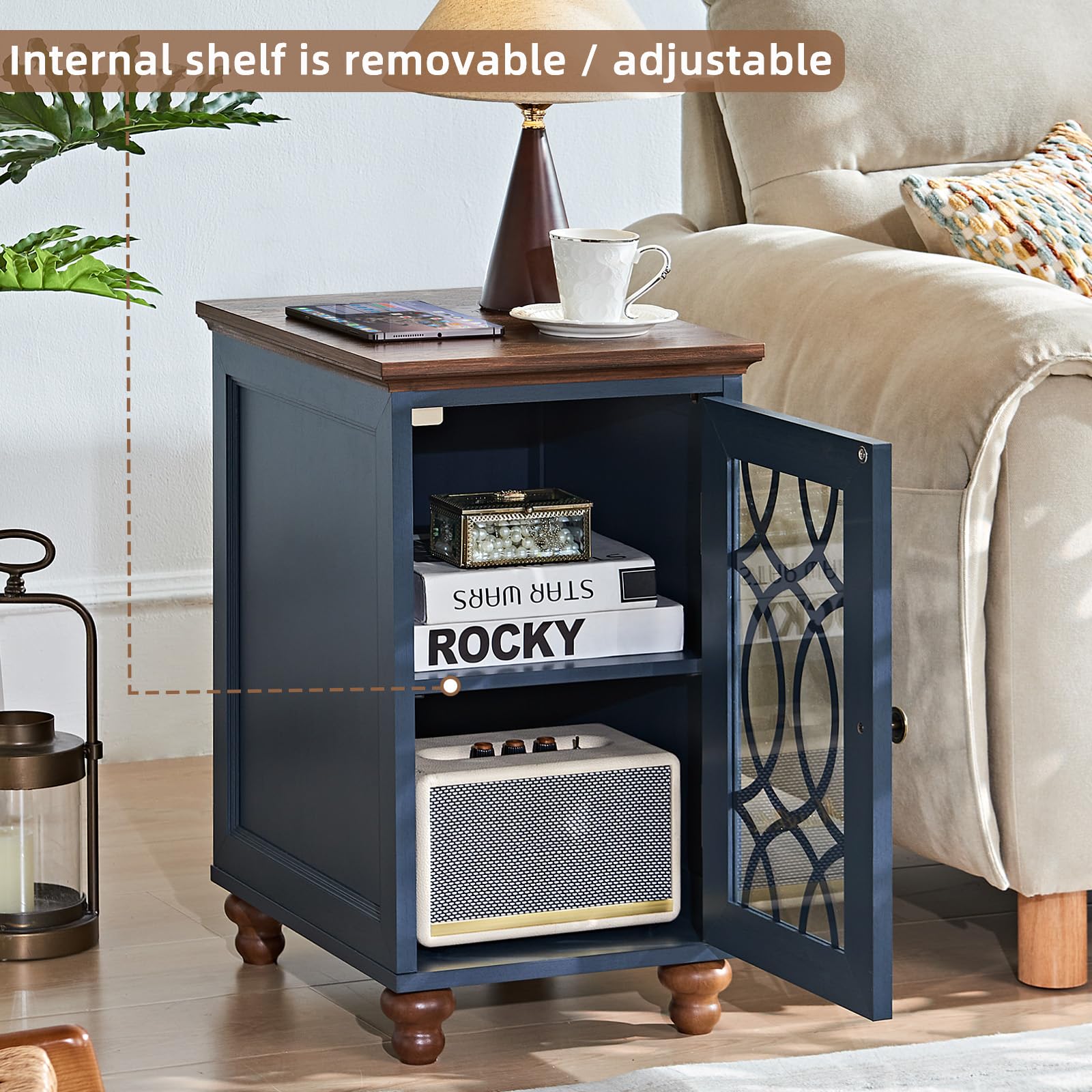 Narrow side table with glass-pane door, open cabinet with adjustable shelf.