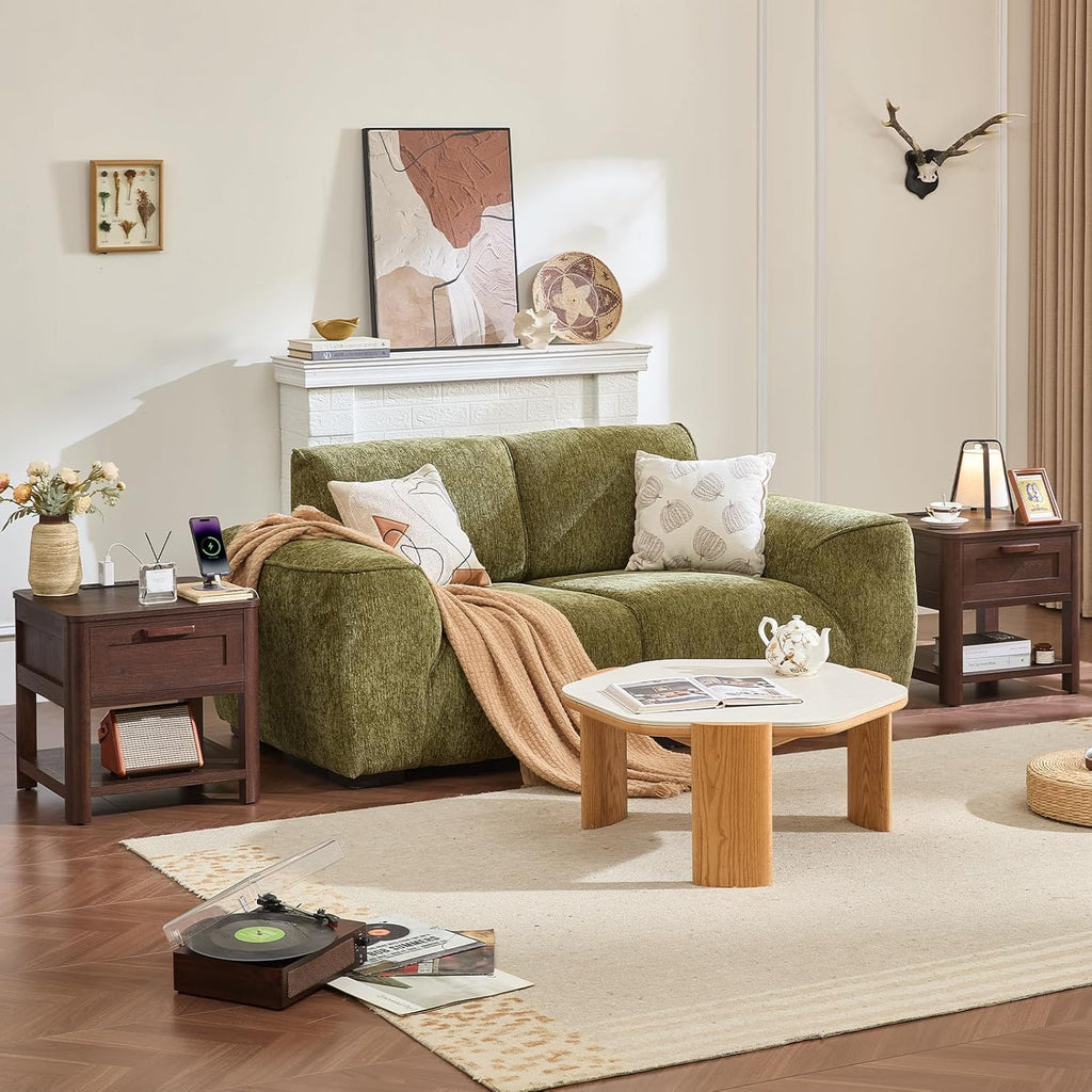 Dark walnut end tables with drawers and open shelves, placed beside a sofa