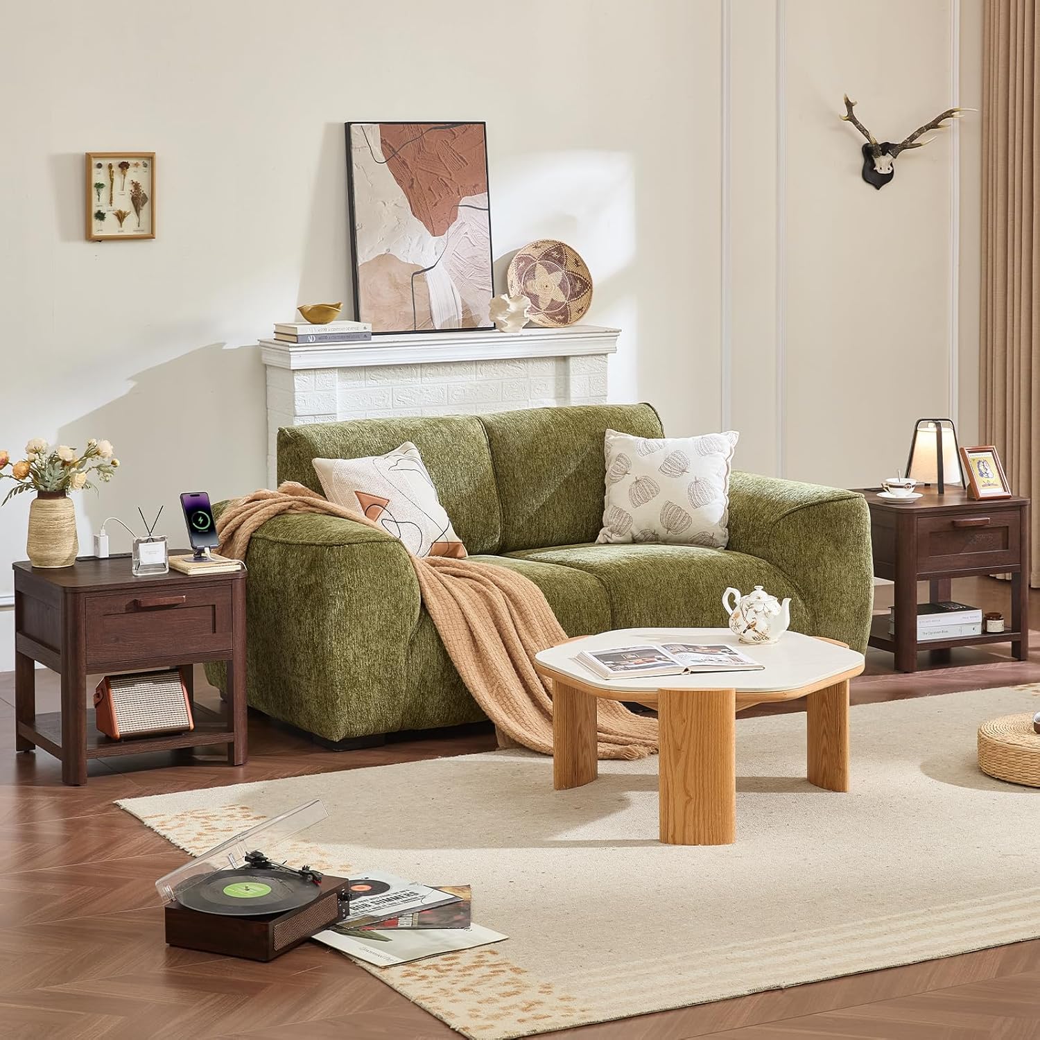 Dark walnut end tables with drawers and open shelves, placed beside a sofa
