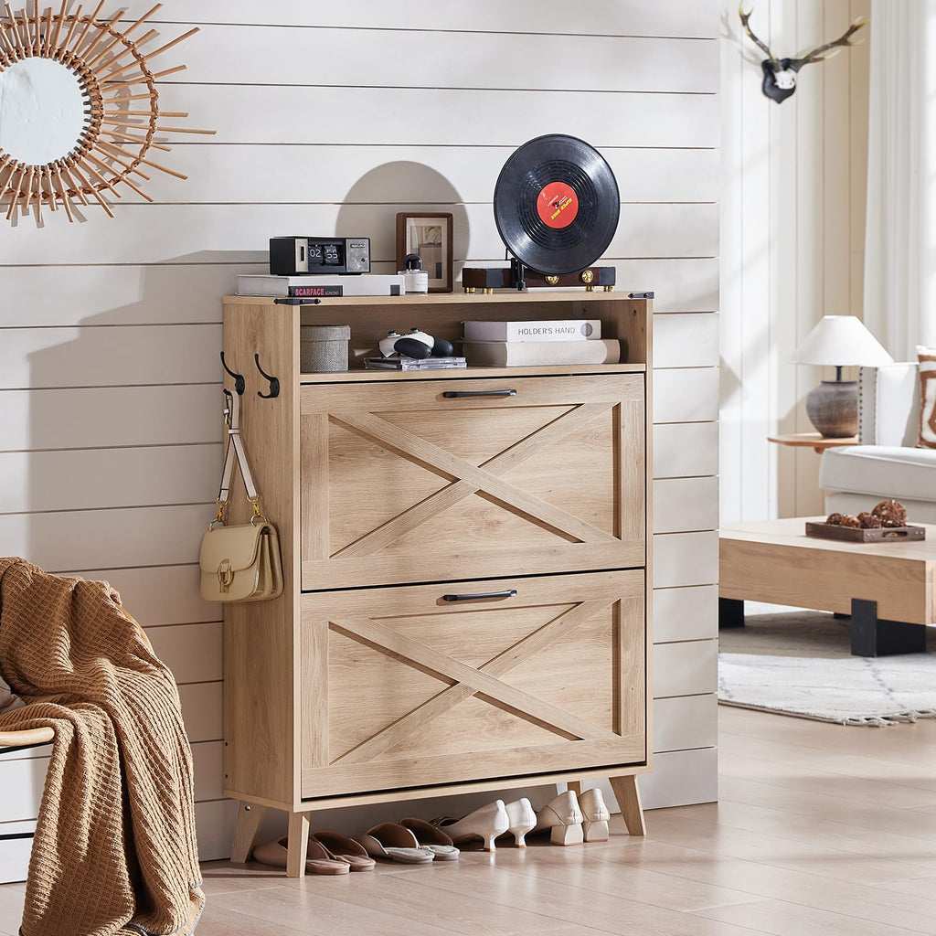 Navy shoe storage cabinet with flip drawers, open shelf, and side hooks