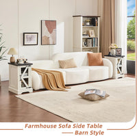 White farmhouse sofa side table with black top and open glass-door storage