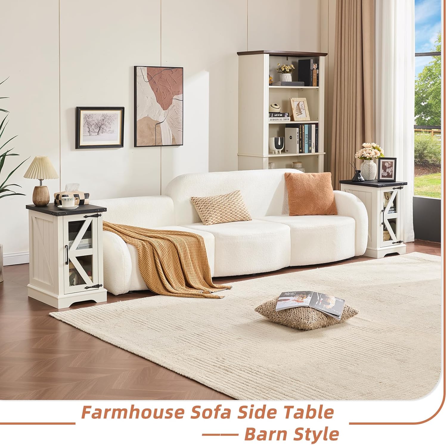 White farmhouse sofa side table with black top and open glass-door storage