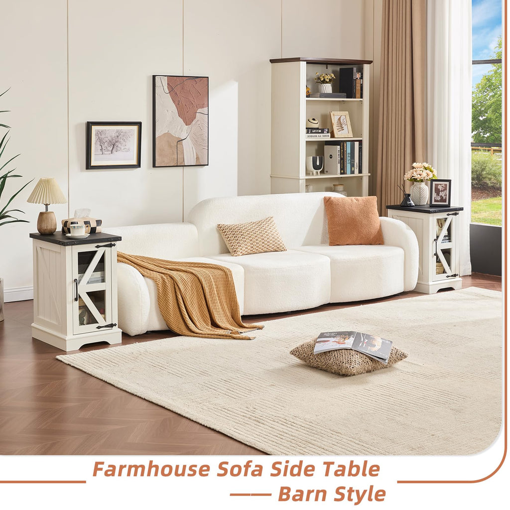 White end table with small shelf and X-style door panels for sofa-side storage