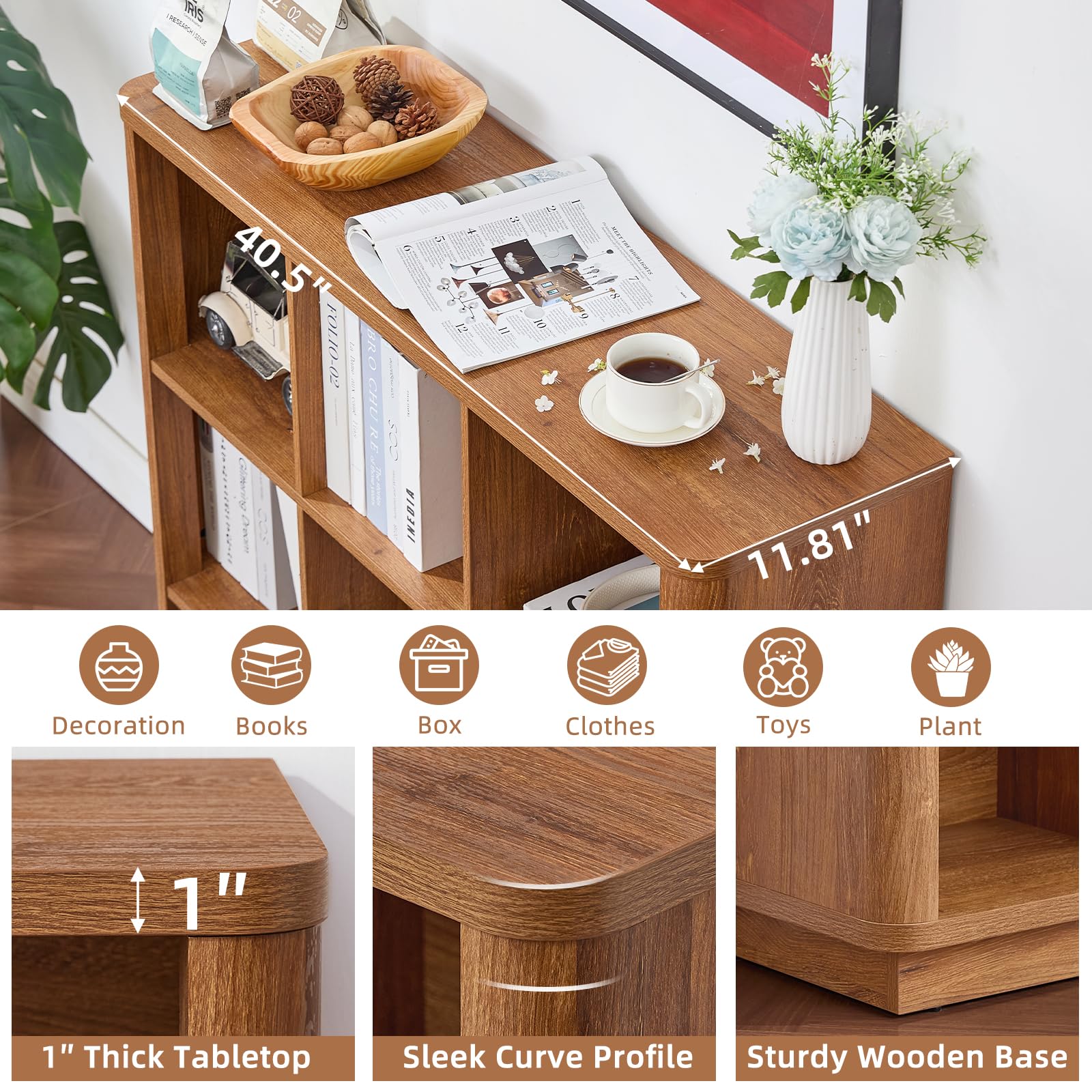 Natural wood side view of curved-edge 8-cube book shelf with thick tabletop