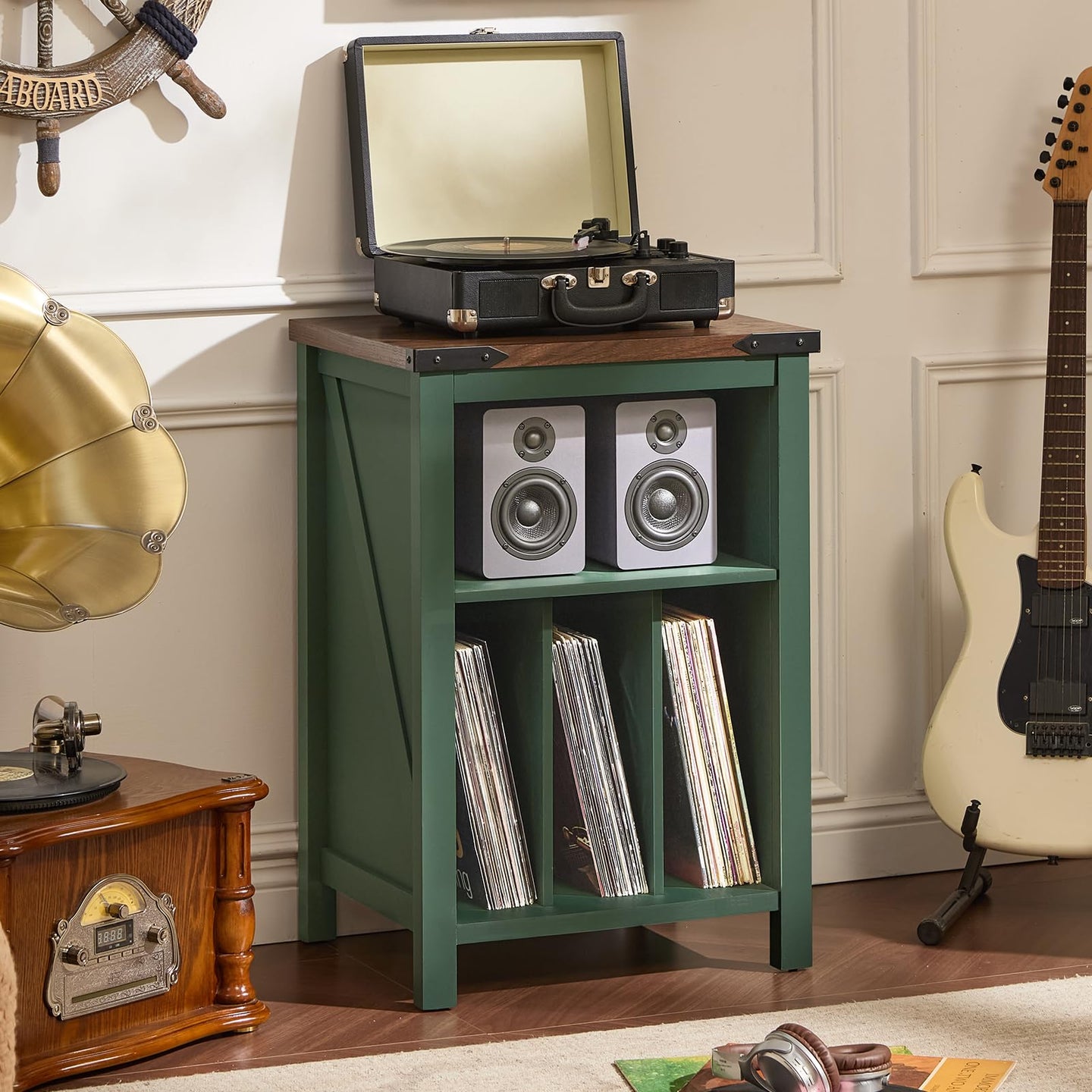 Record player stand with green cabinet and wood top; turntable area and front vinyl storage