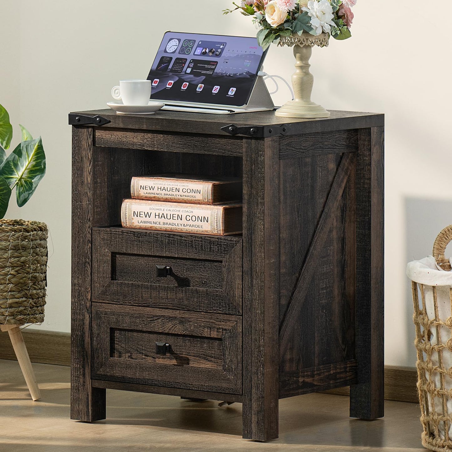 Dark wood nightstand with charging top and 2 drawers plus open shelf storage
