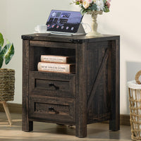 Dark wood nightstand with charging top and 2 drawers plus open shelf storage