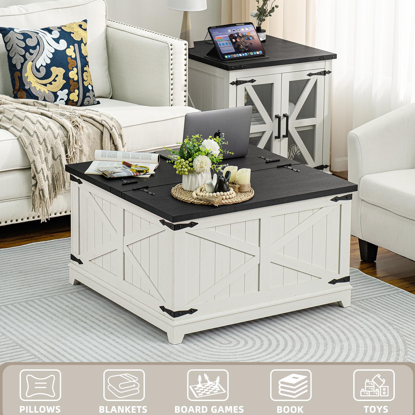 White farmhouse storage coffee table with black top and geometric door panels