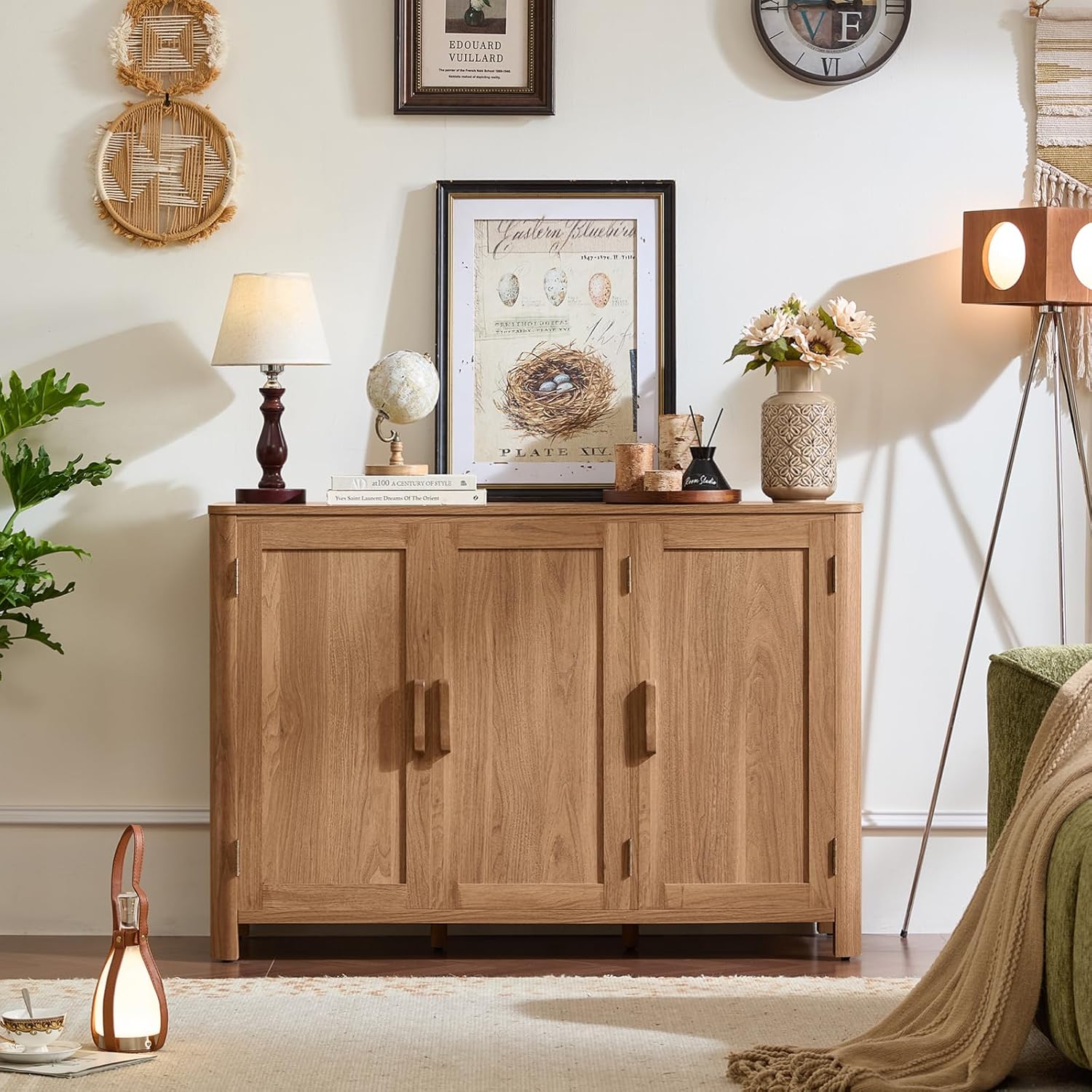Wooden sideboard cabinet with three doors and tapered legs in mid century style