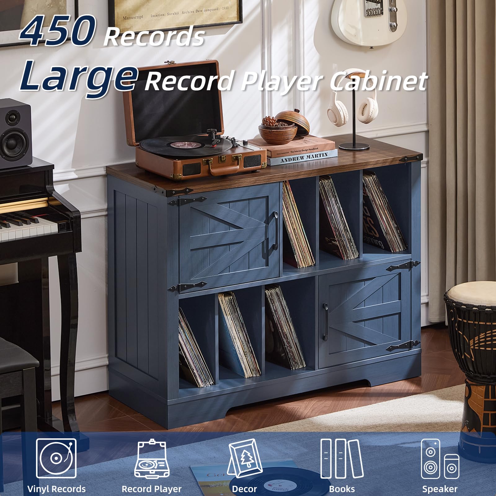 Navy blue record player cabinet with barn doors and shelves for vinyl records
