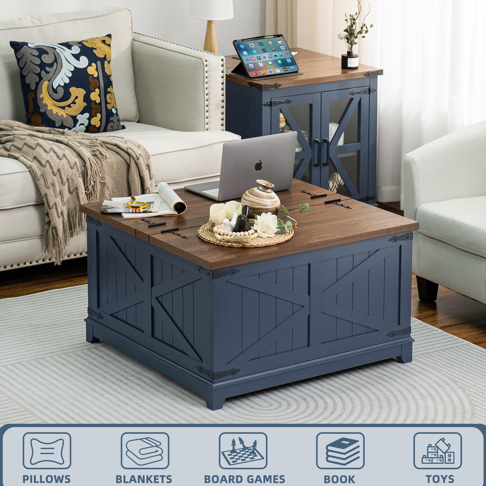 Blue farmhouse coffee table with hinged front door and hidden storage