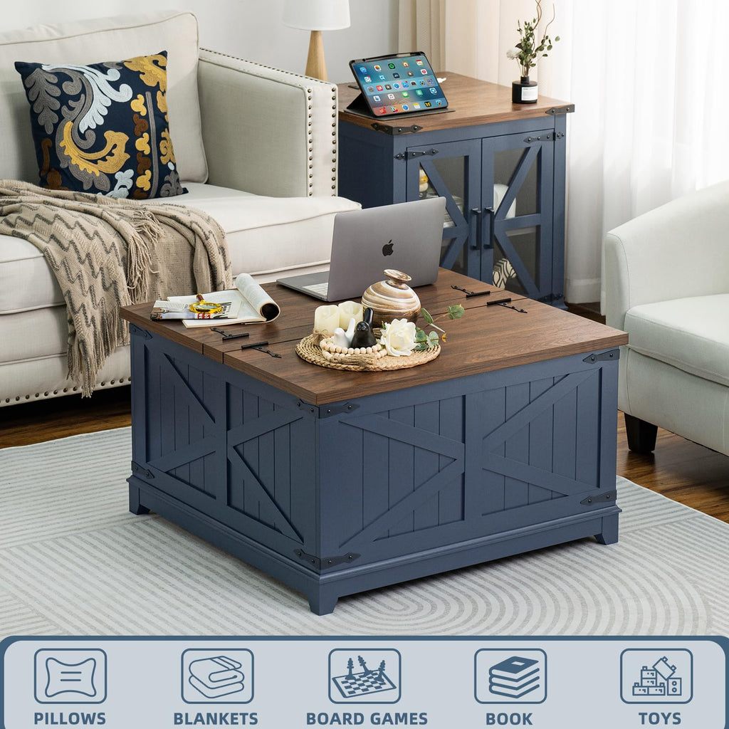 Navy blue square coffee table with rustic brown tabletop and decorative geometric paneling